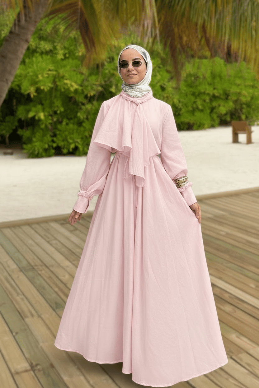 Fular Detay Kemerli Elbise - Pembe