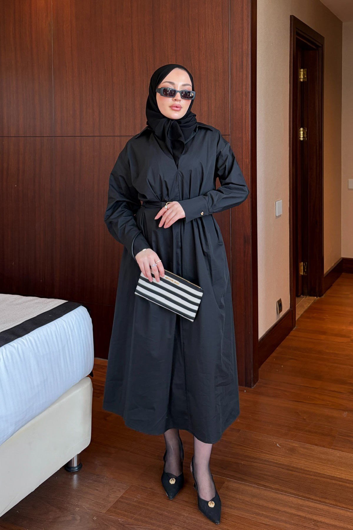 Kemerli Poplin Elbise - Siyah