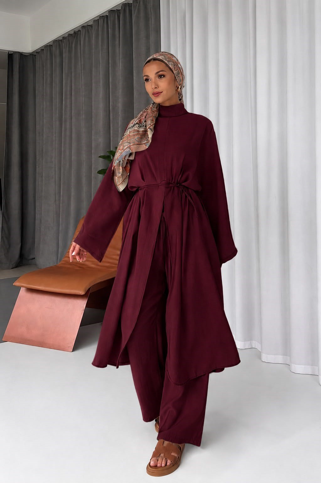 Yırtmaç Detaylı Pantolon Tunik Takım - Bordo