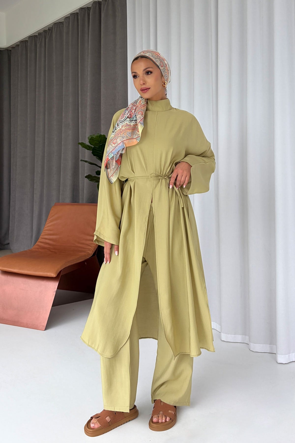 Yırtmaç Detaylı Pantolon Tunik Takım - Yeşil