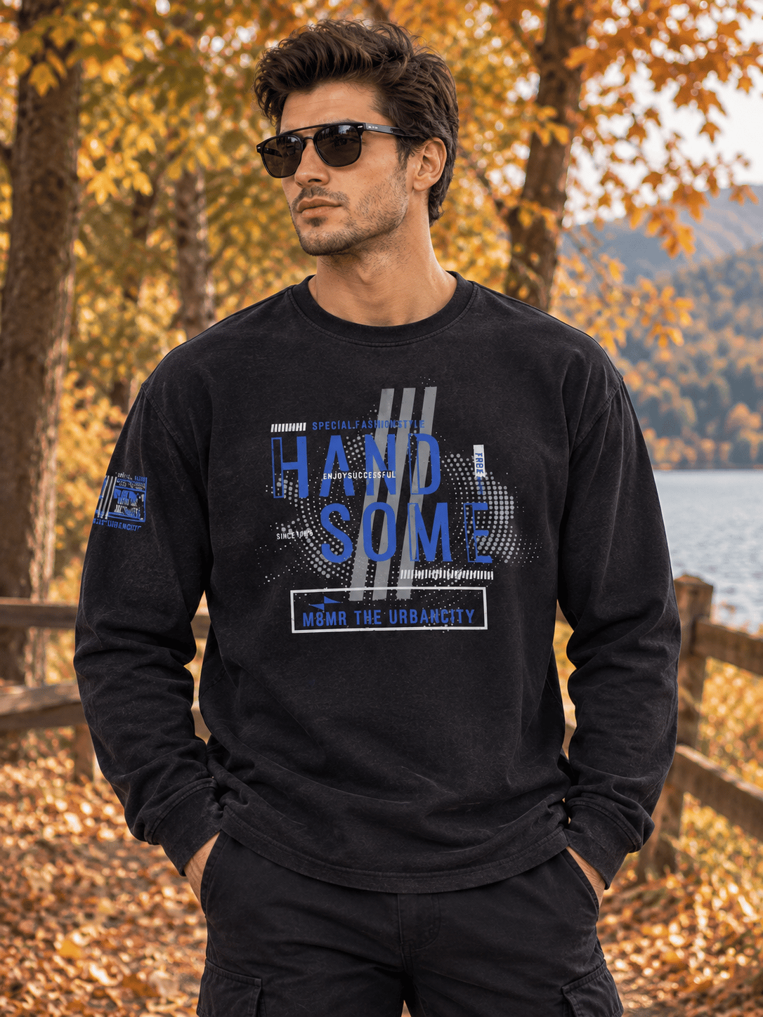 Erkek Bisiklet Yaka Basic Baskılı Sweatshirt