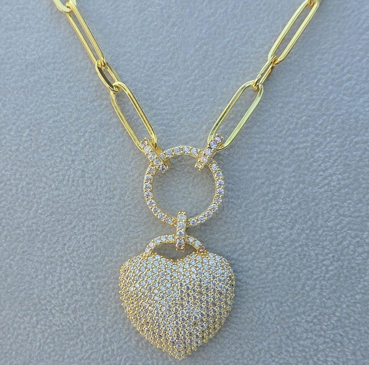 FULL TAŞLI KALPLİ GOLD KOLYE