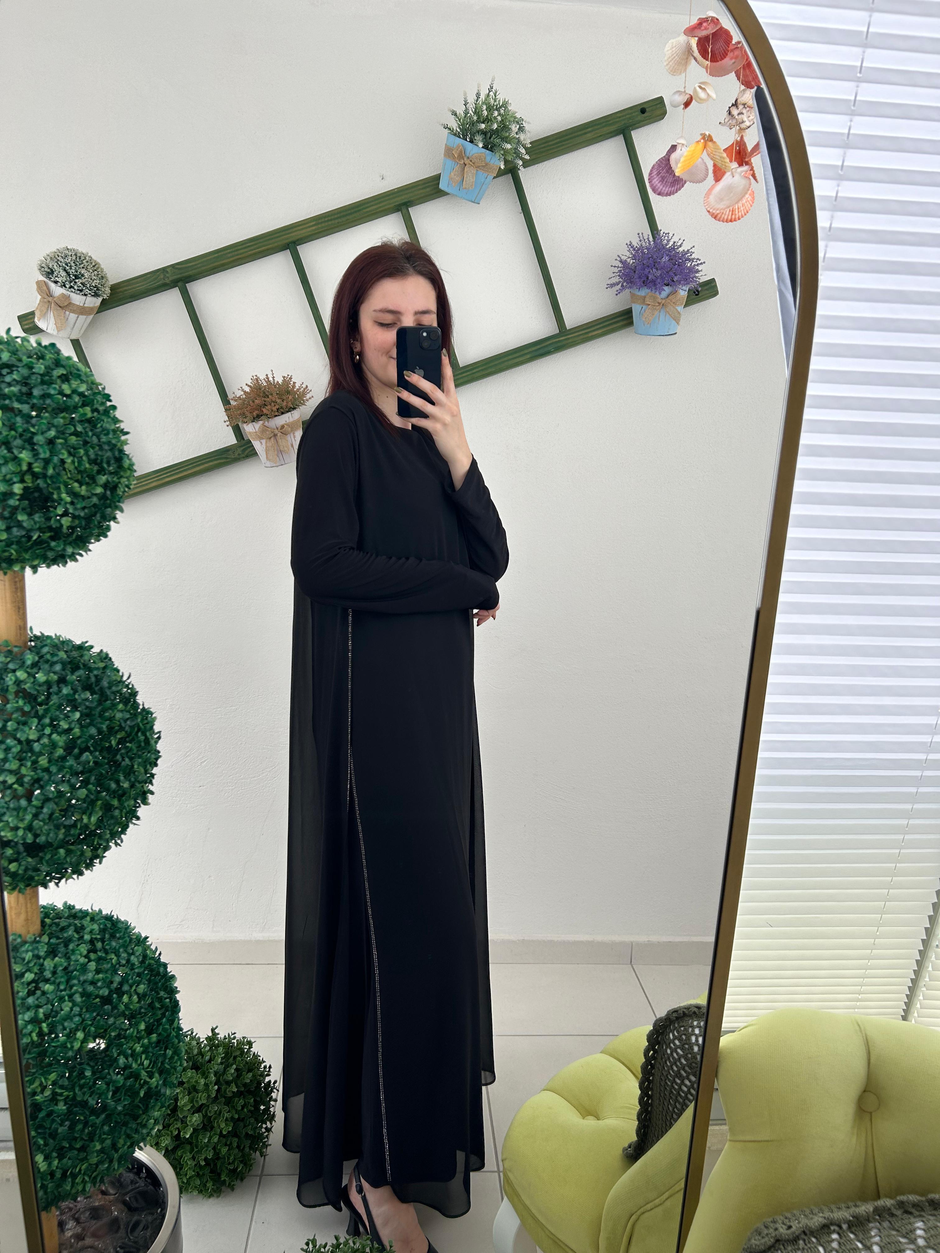 EFRAZE YANI TAŞLI ŞİFON ELBİSE 429/SIYAH/1 BEDEN
