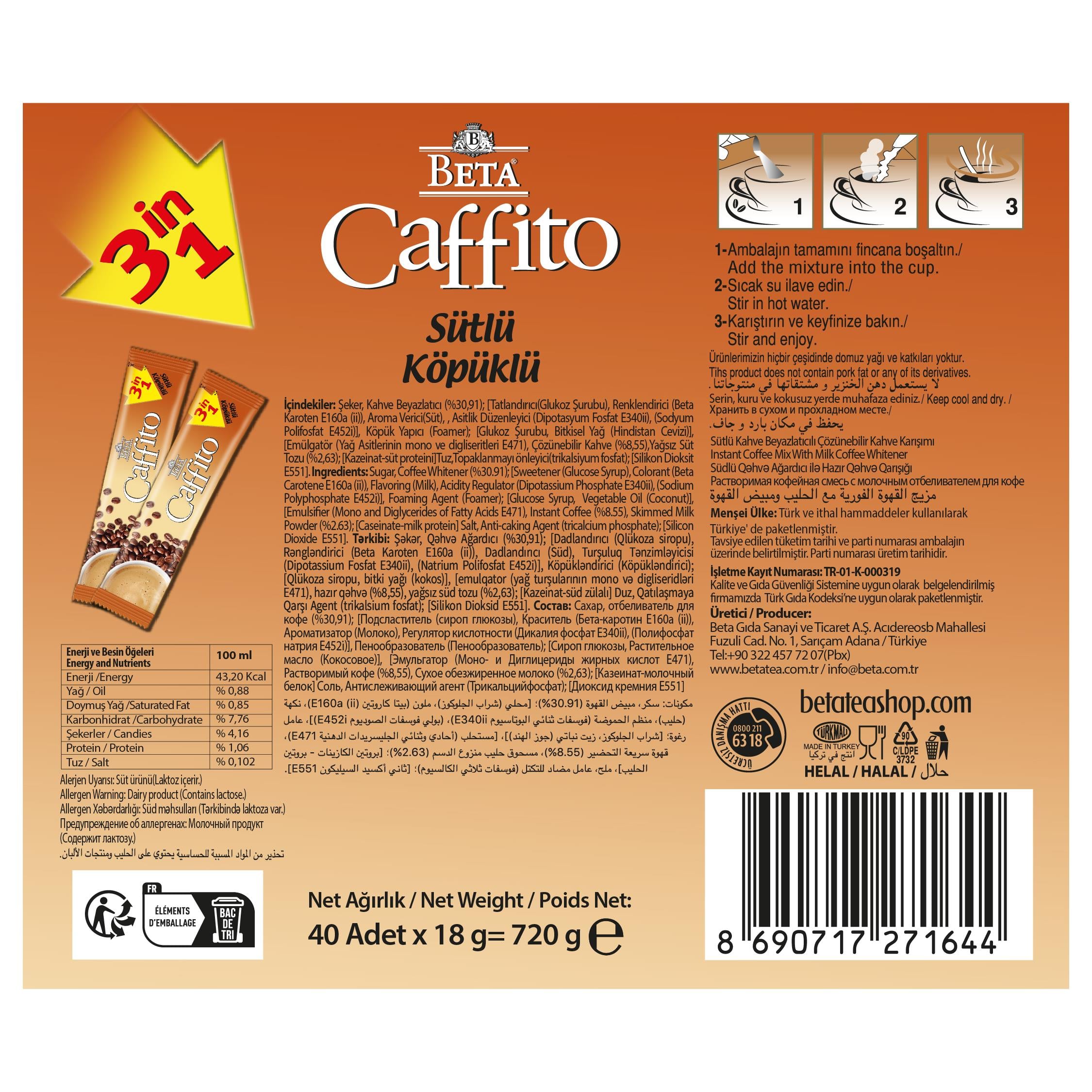 Beta Caffıto 3 In 1 Hazır Kahve Bol Sütlü ve Köpüklü Kutulu 40*18 Gr