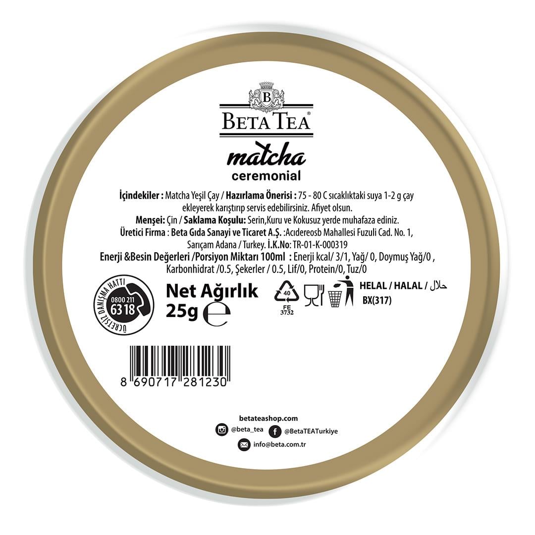 Beta Ceremonial Matcha Yeşil Çay 25 g - Metal Ambalaj - 