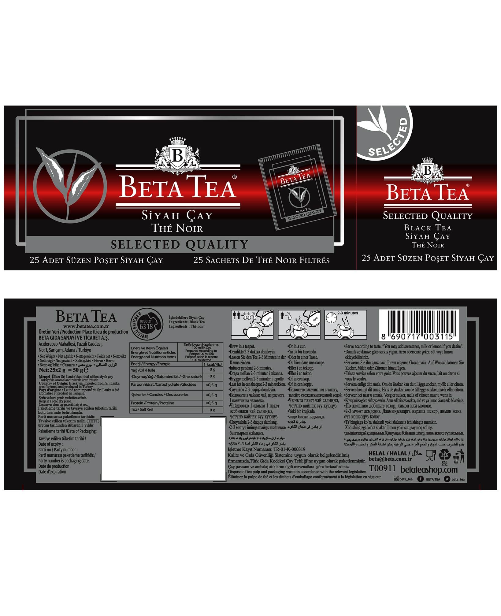 Beta Selected Quality Bardak Poşet 25 Adet (Seylan Çayı - Ceylon Tea)
