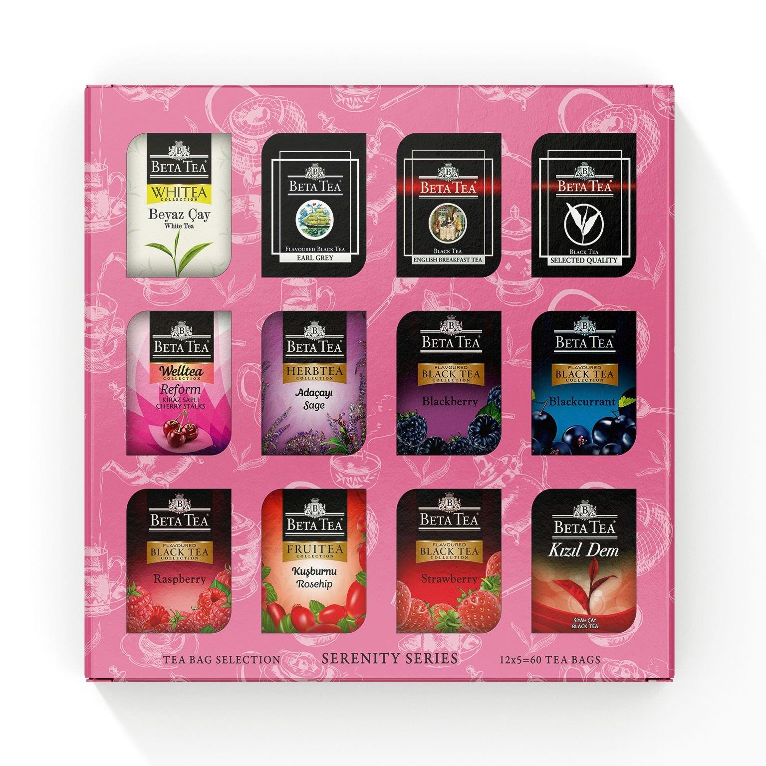 Beta Tea Hediyelik Çay Çeşitleri 60'lı Karışık Kutu, Serenity Series (12x5 Adet) (Siyah Çay, Beyaz Çay ve Bitki Çayları)