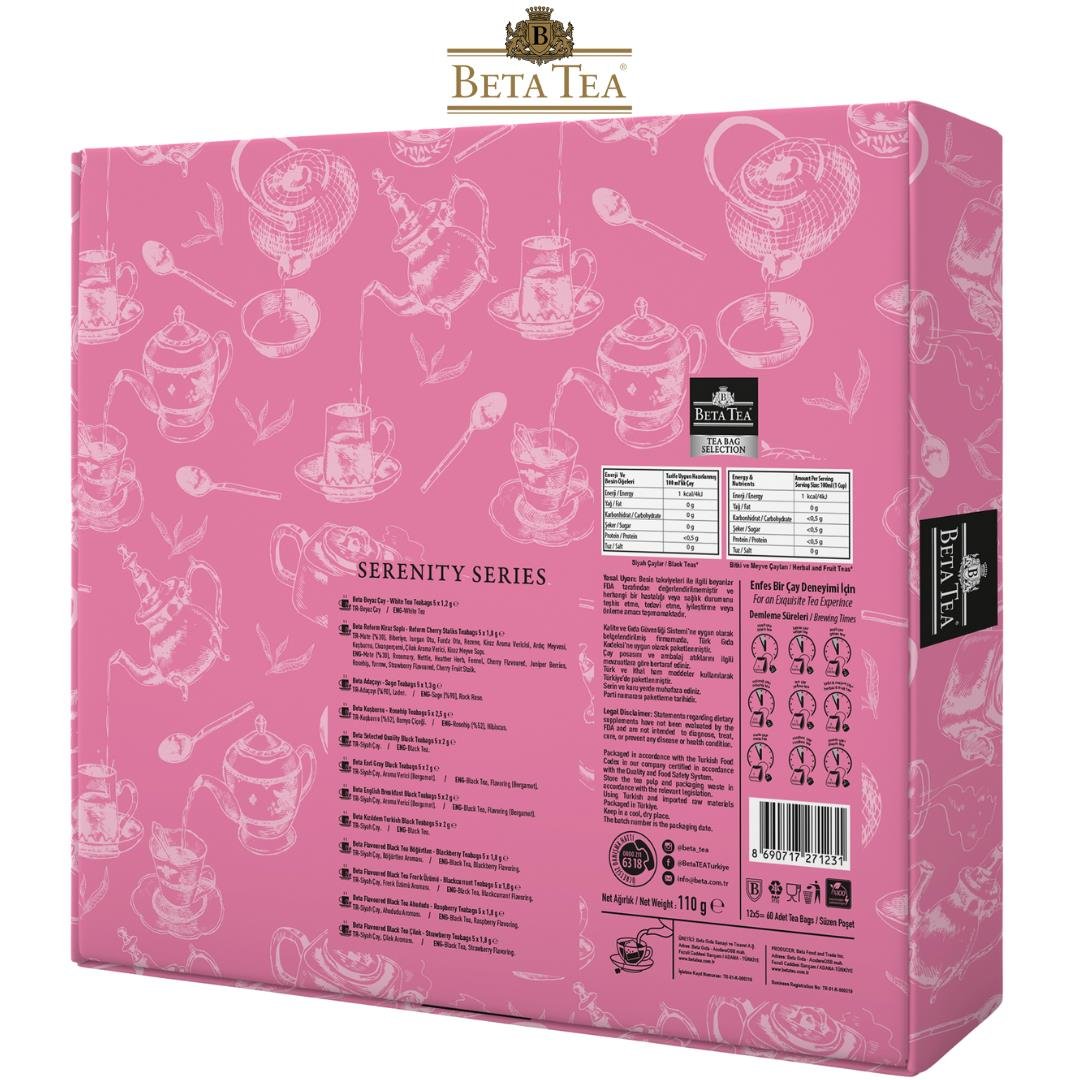 Beta Tea Hediyelik Çay Çeşitleri 60'lı Karışık Kutu, Serenity Series (12x5 Adet) (Siyah Çay, Beyaz Çay ve Bitki Çayları)