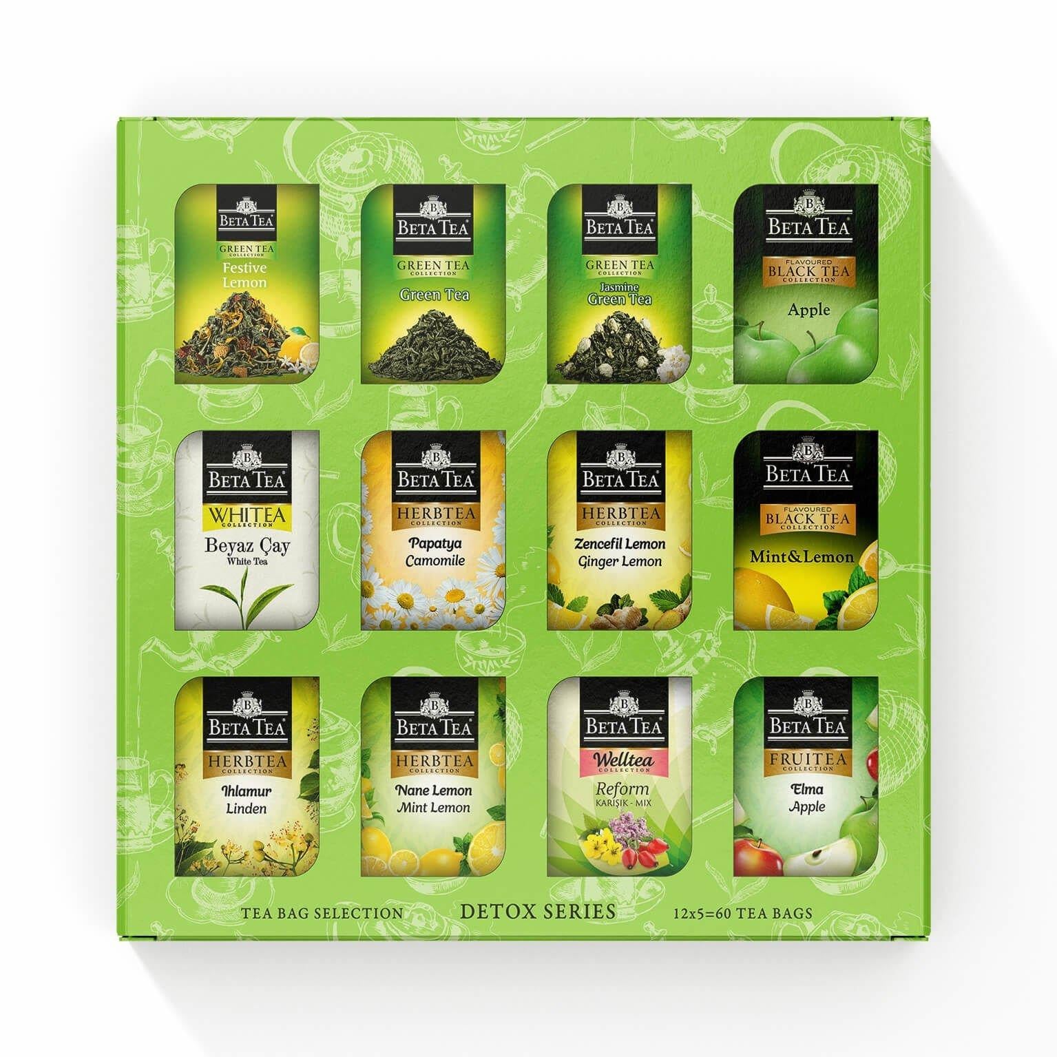 Beta Tea Hediyelik Yeşil Çay ve Bitki Çayı Çeşitleri 60'lı Karışık Kutu, Detox Series (12x5 Adet)