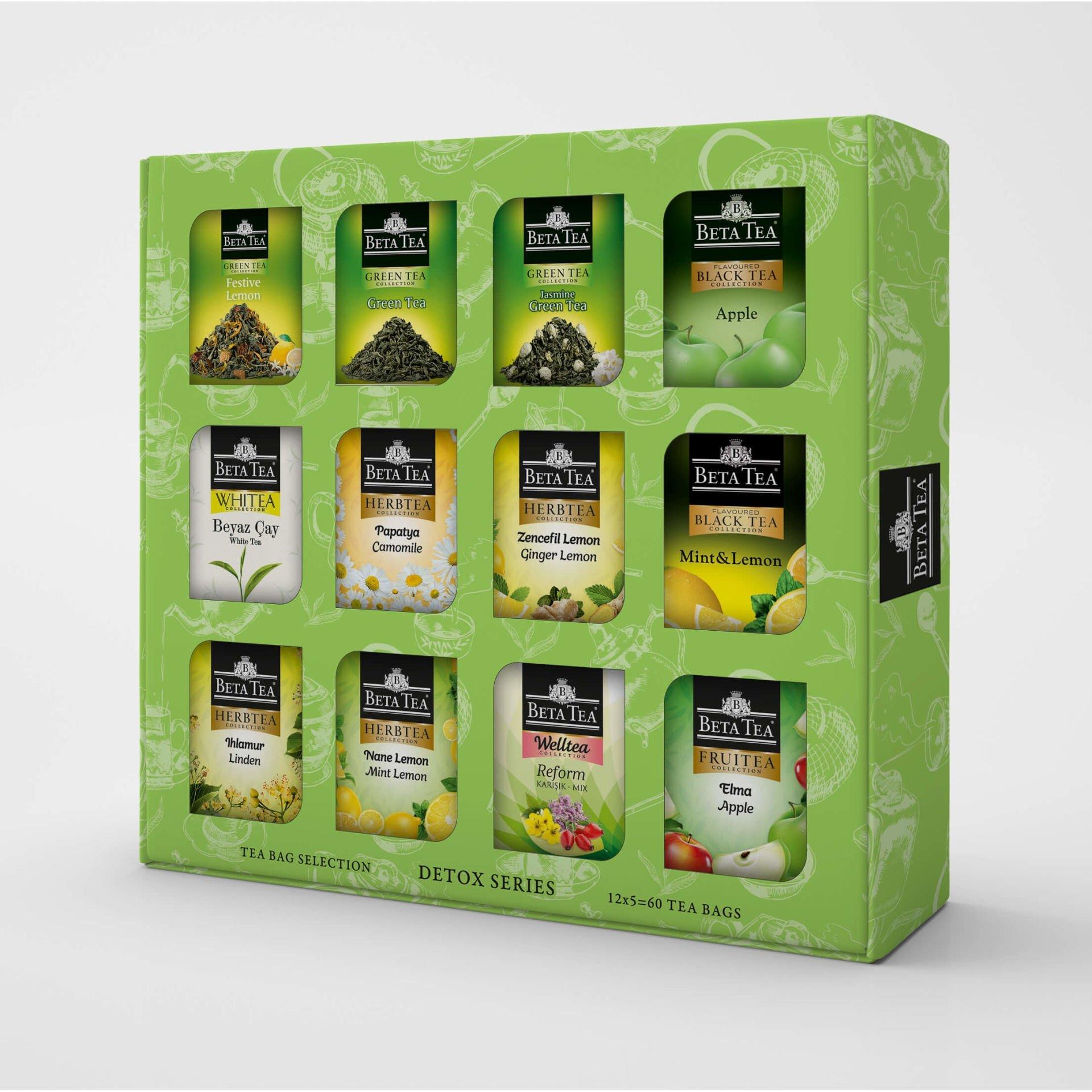 Beta Tea Hediyelik Yeşil Çay ve Bitki Çayı Çeşitleri 60'lı Karışık Kutu, Detox Series (12x5 Adet)