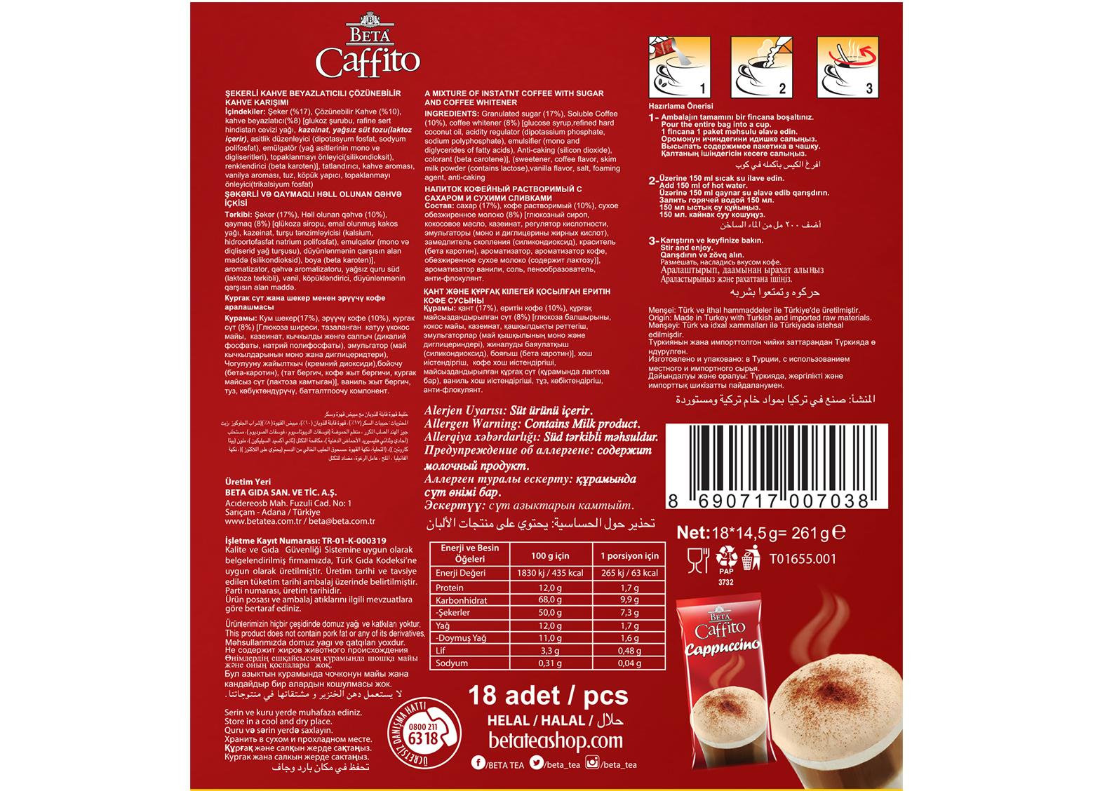 Caffito Cappucino Display Kutuda 18 Adet x 14.5 GR