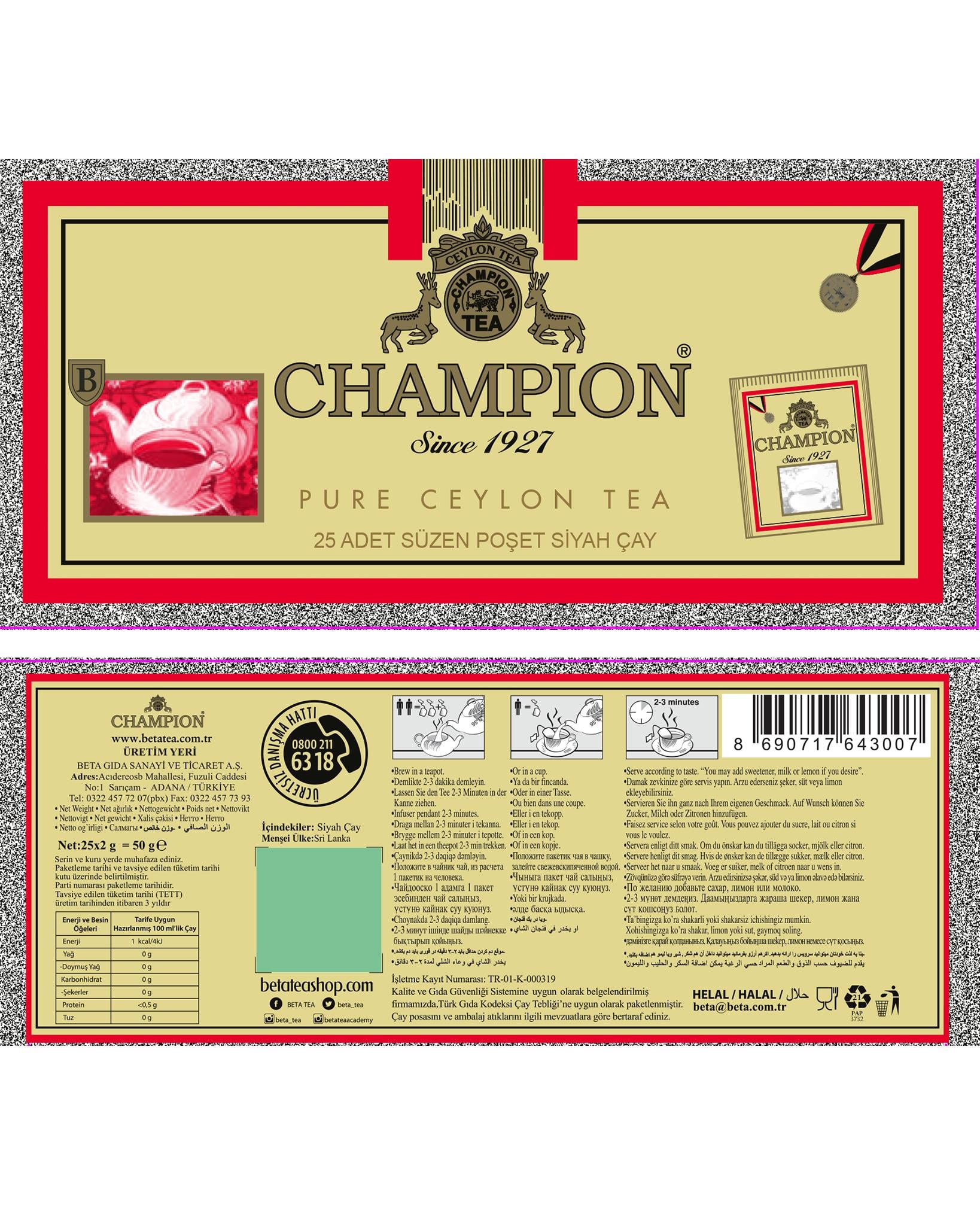 Champion Bardak Poşet 25 li (Seylan Çayı - Ceylon Tea)