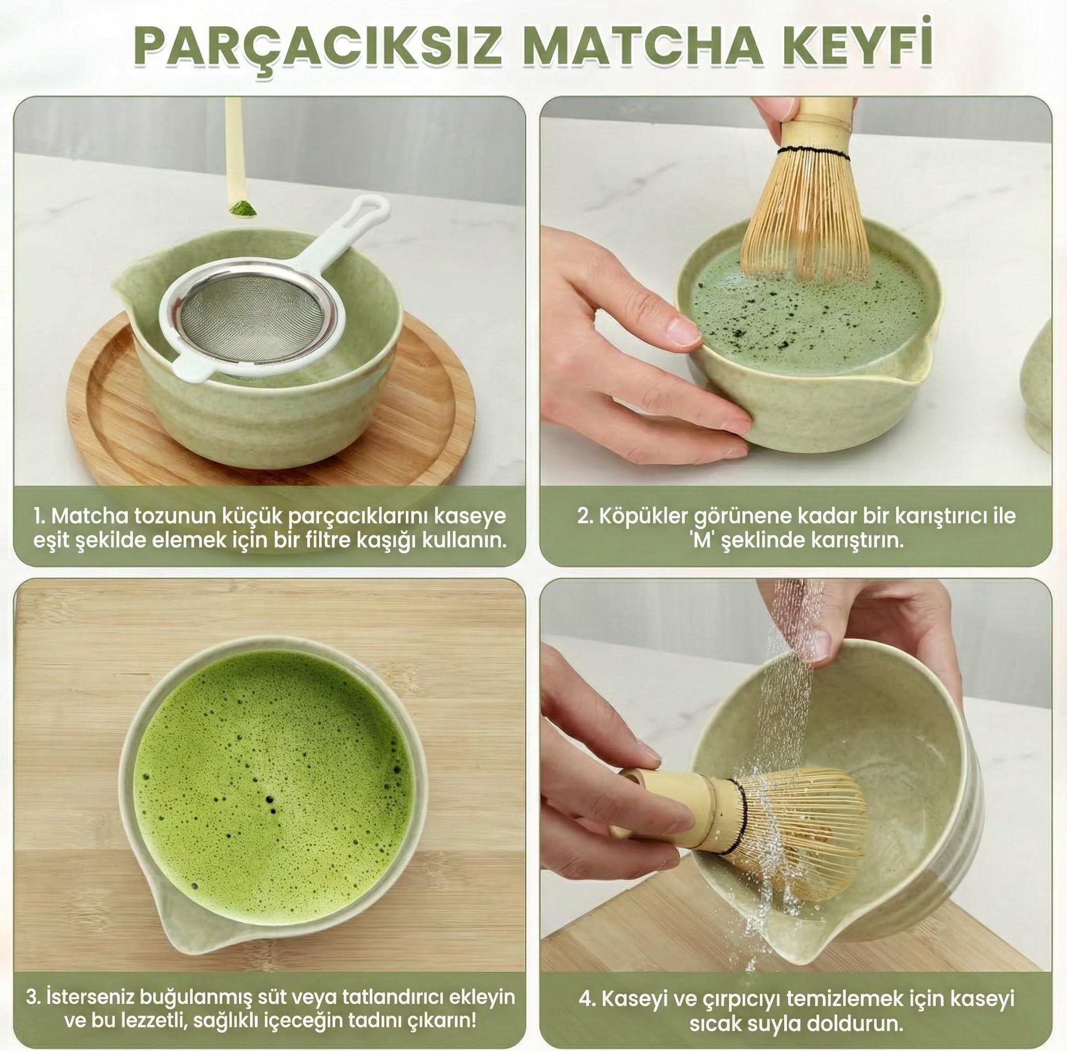 Geleneksel Japon Matcha Çay Seti 7 Parça - Full Set - Seramik Kase, Bambu Çırpıcı ve Fazlası