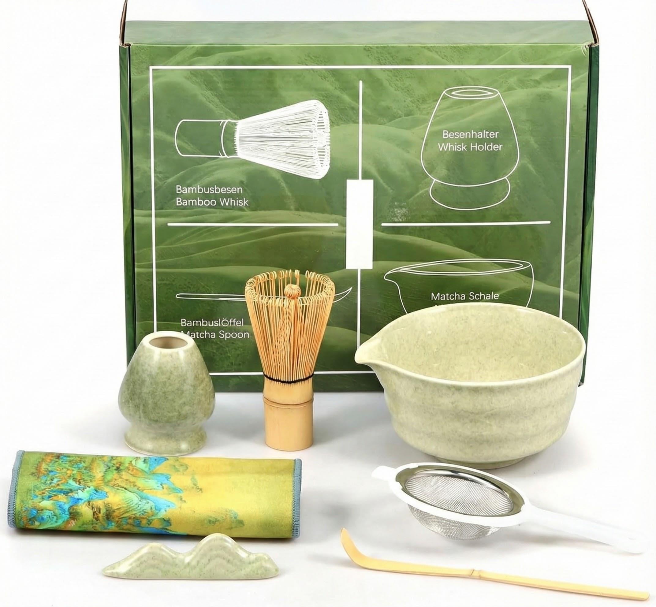 Geleneksel Japon Matcha Çay Seti 7 Parça - Full Set - Seramik Kase, Bambu Çırpıcı ve Fazlası