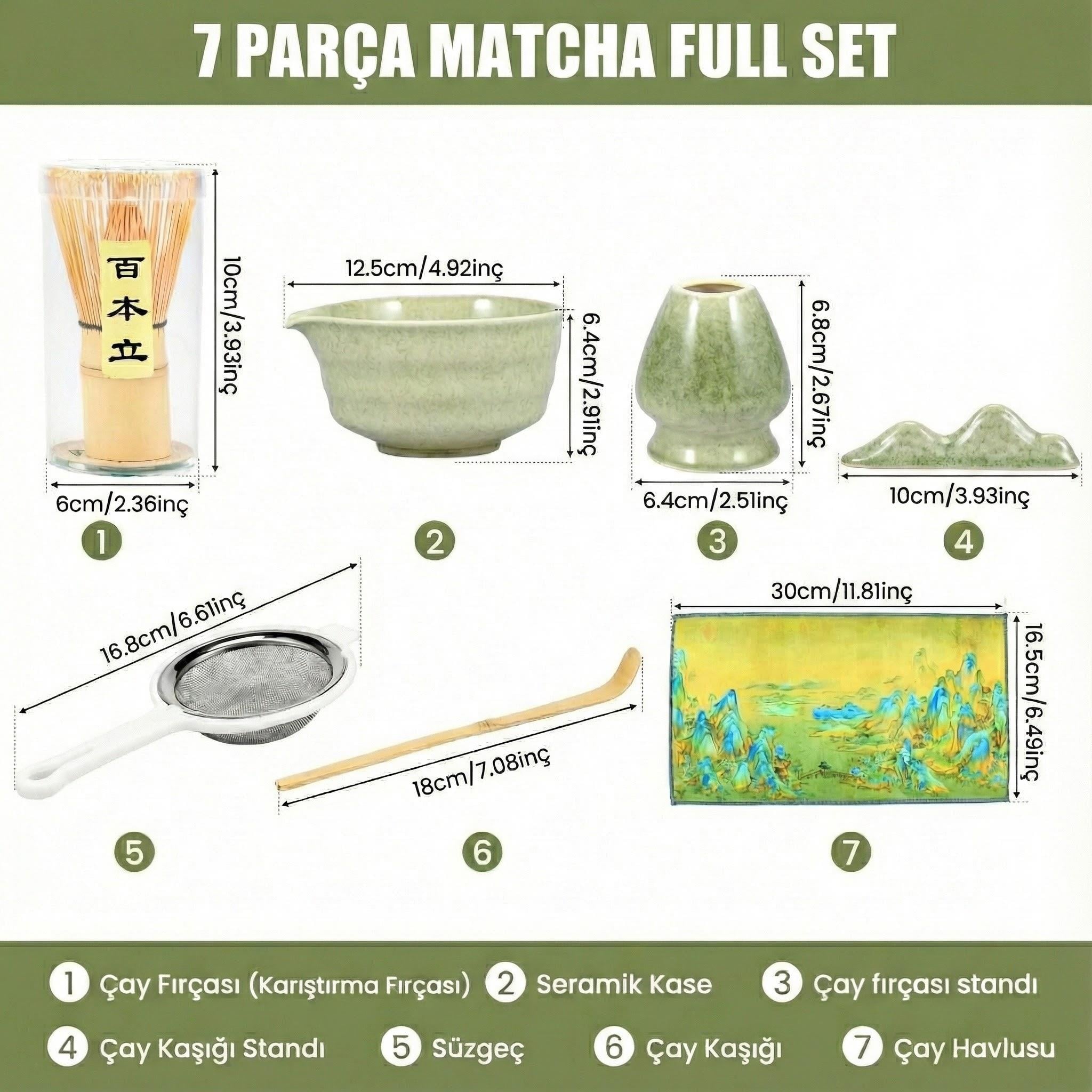 Geleneksel Japon Matcha Çay Seti 7 Parça - Full Set - Seramik Kase, Bambu Çırpıcı ve Fazlası