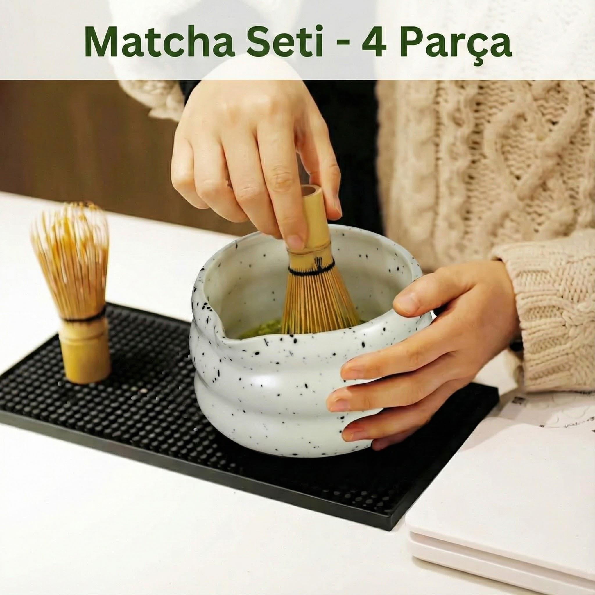 Geleneksel Japon Matcha Hazırlama Seti (4 Parça) - Benekli Seramik Kase, Bambu Çırpıcı & Kaşık