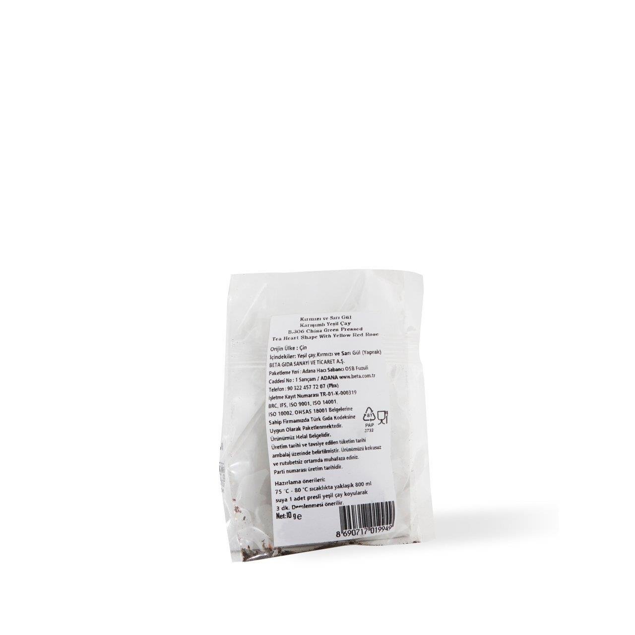 Preslenmiş Çin Yeşil Çayı Kırmızı ve Sarı Gül Yapraklı Kalp Şeklinde 10 gram B.306
