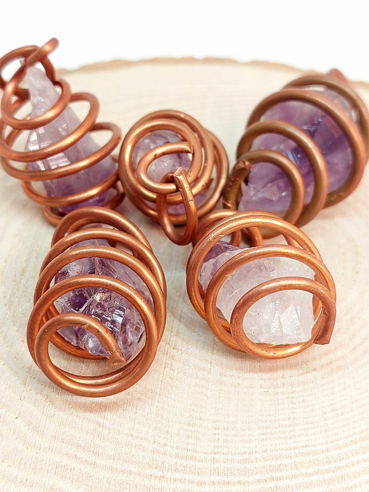 Ametist Taşı Ham Parça Bakır Spiral Otantik Kolye Ucu