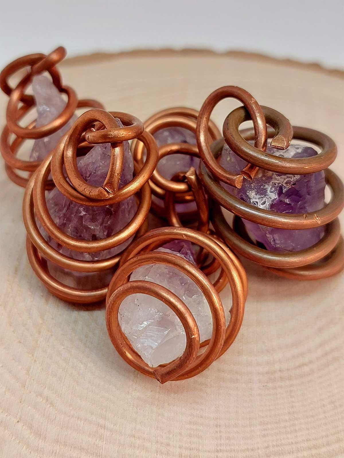 Ametist Taşı Ham Parça Bakır Spiral Otantik Kolye Ucu