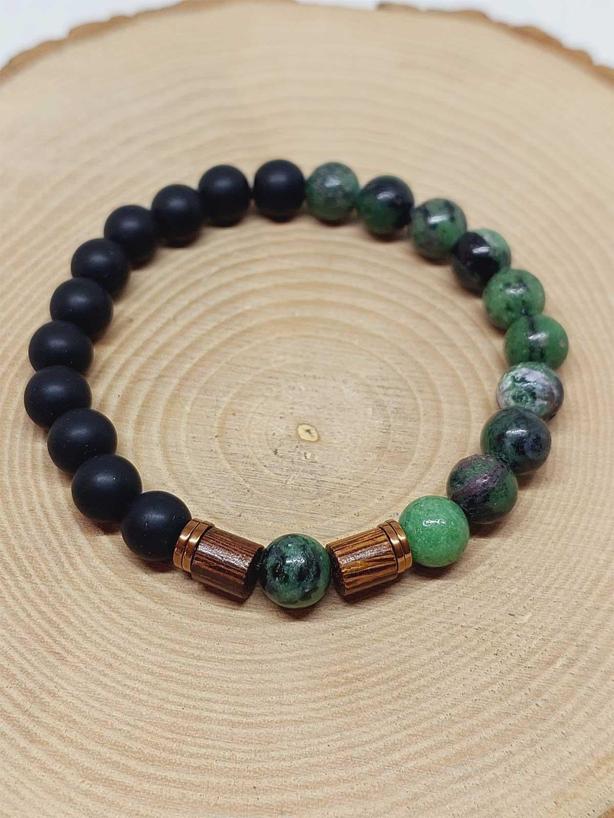 Anyolit (Rubizoit, Rubyzoisit) & Oniks Taşı 8mm Unisex Tasarım Bileklik Hawaii Model (3905)