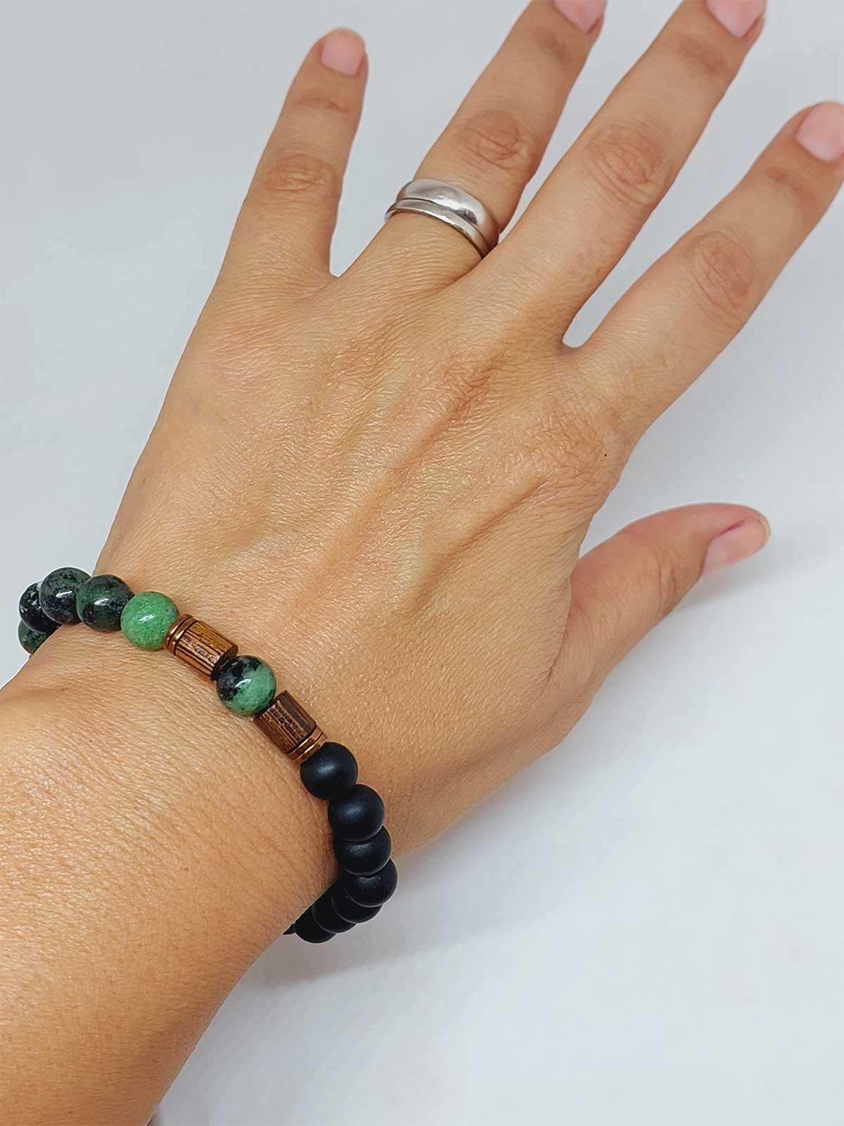 Anyolit (Rubizoit, Rubyzoisit) & Oniks Taşı 8mm Unisex Tasarım Bileklik Hawaii Model (3905)