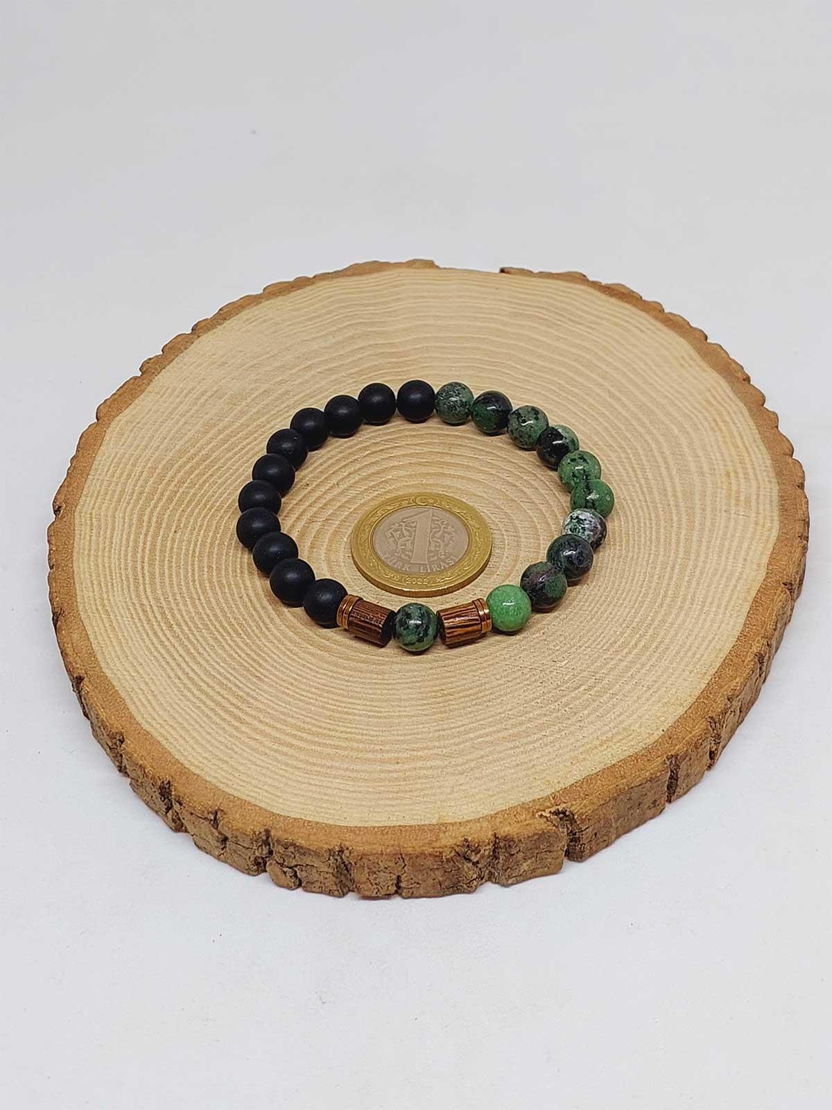 Anyolit (Rubizoit, Rubyzoisit) & Oniks Taşı 8mm Unisex Tasarım Bileklik Hawaii Model (3905)