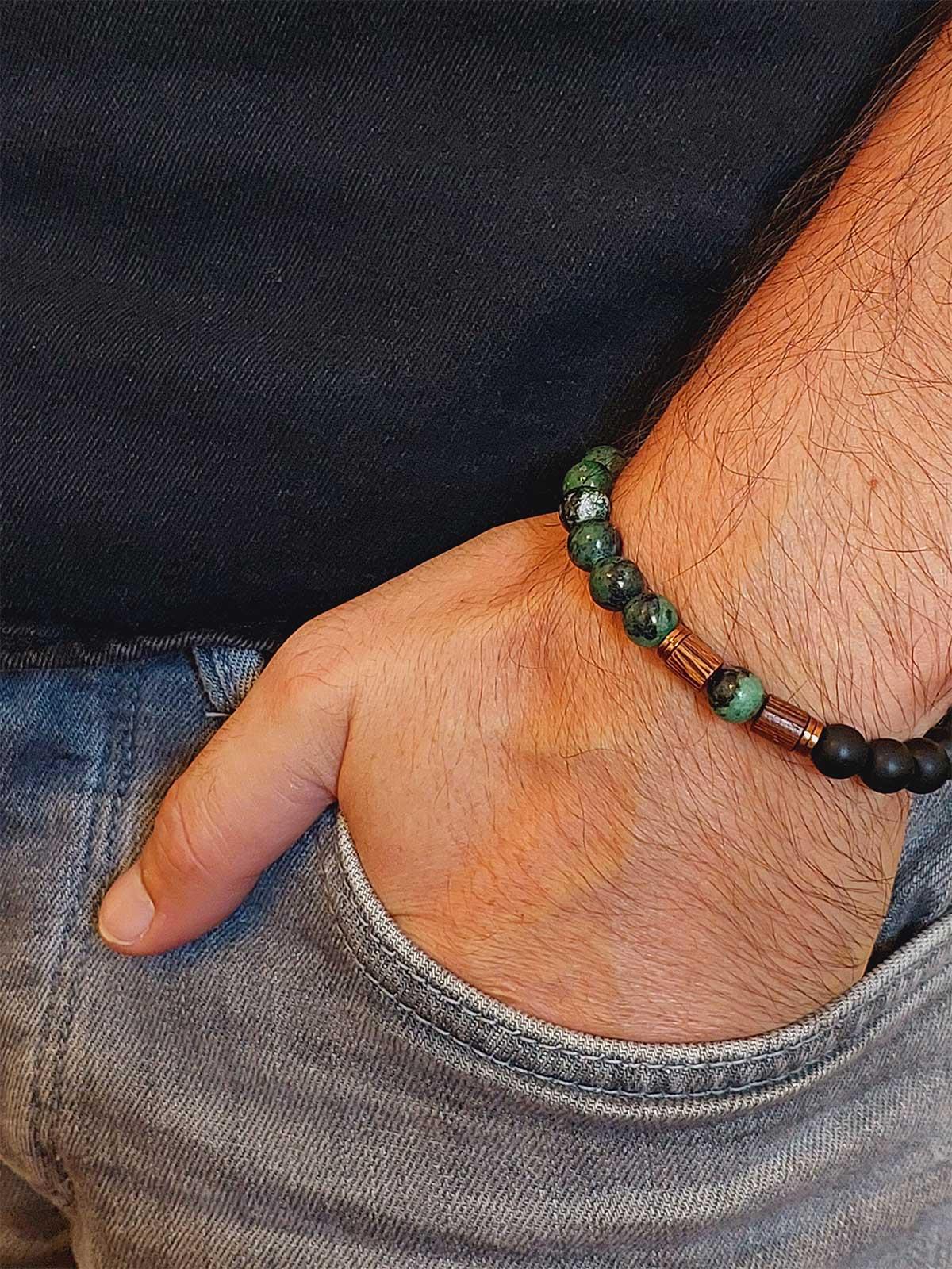 Anyolit (Rubizoit, Rubyzoisit) & Oniks Taşı 8mm Unisex Tasarım Bileklik Hawaii Model (3905)