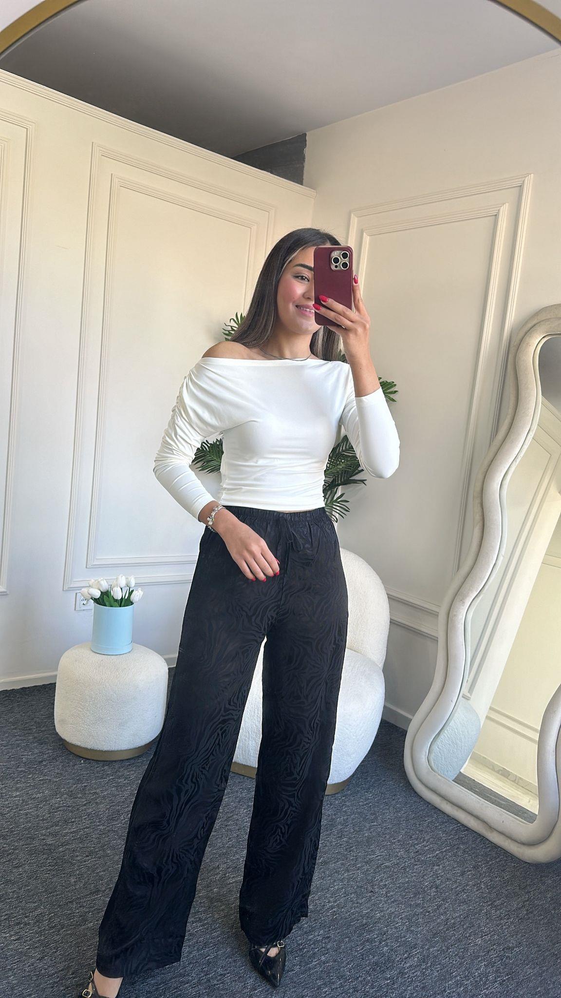 Desenli Saten Pantolon Siyah