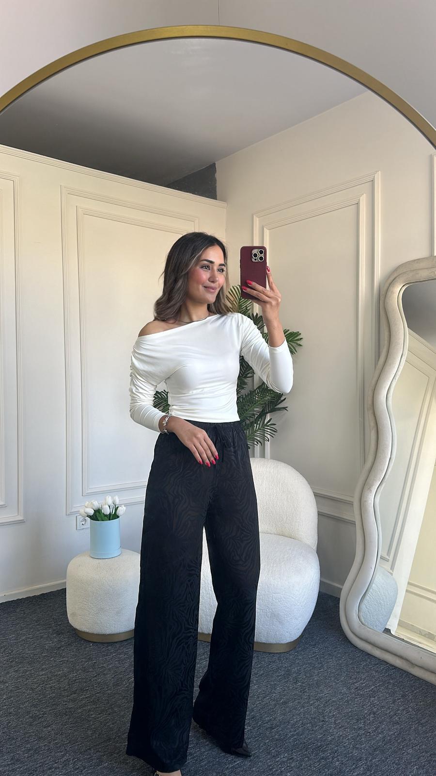Desenli Saten Pantolon Siyah