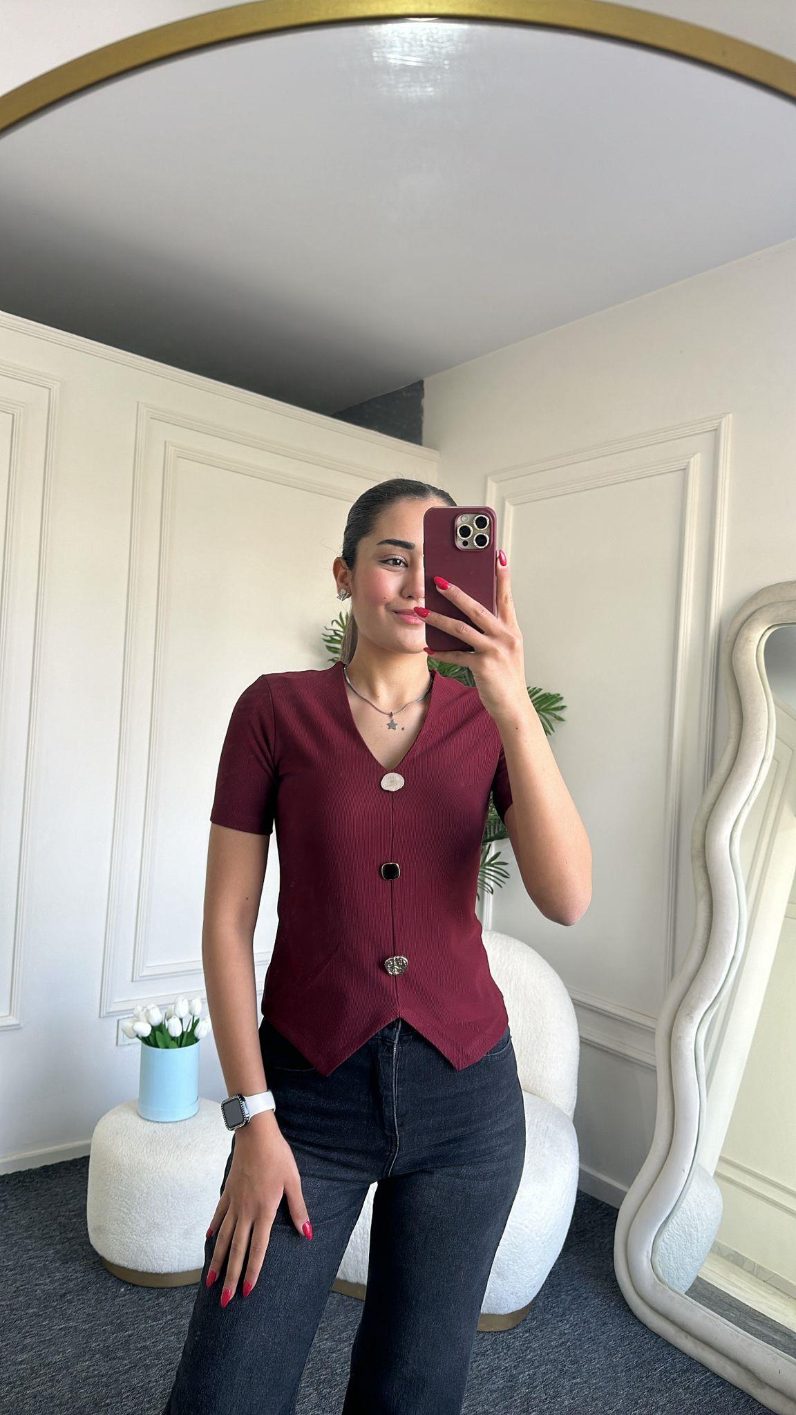Gold Düğmeli V Yaka Bordo Bluz