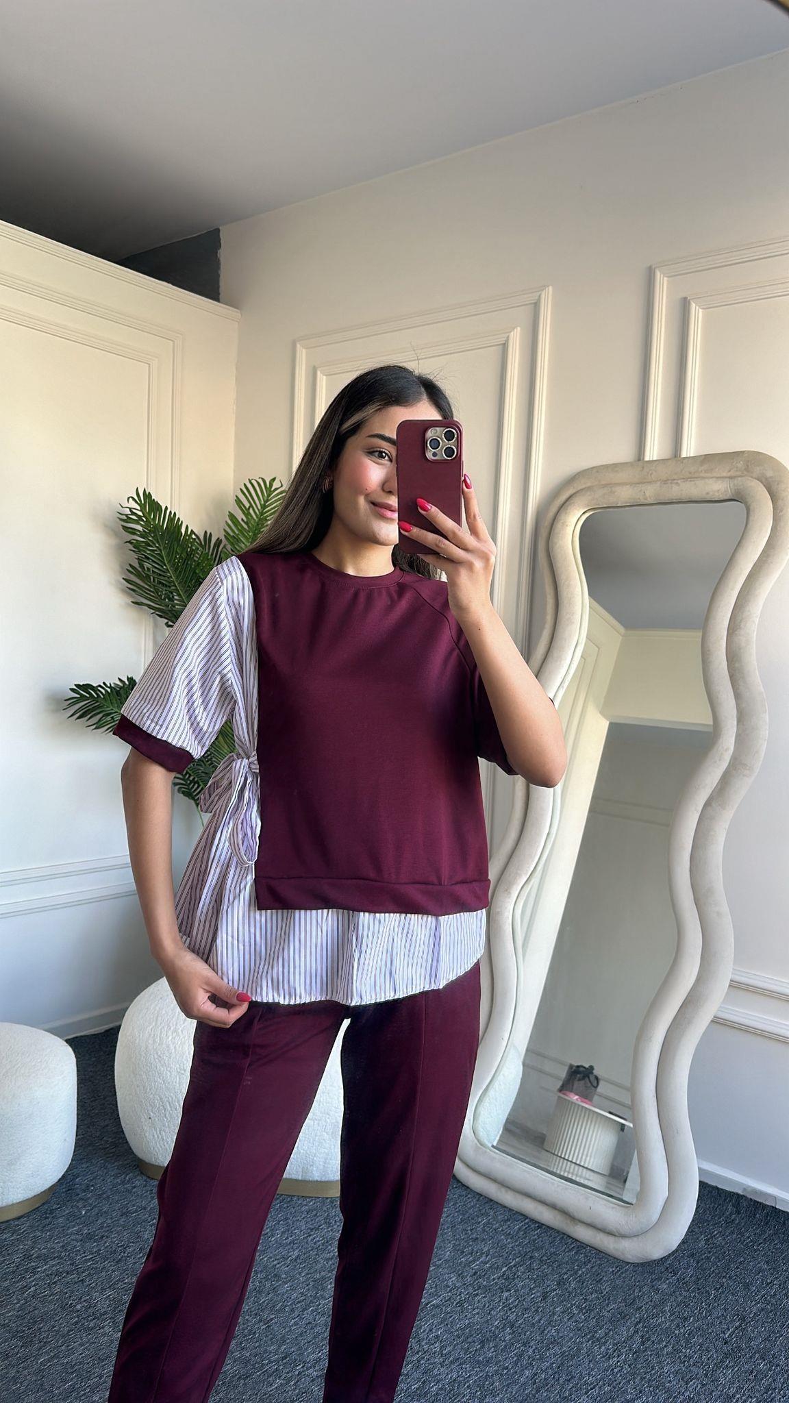İkili Gömlek Detaylı Modal Takım Bordo