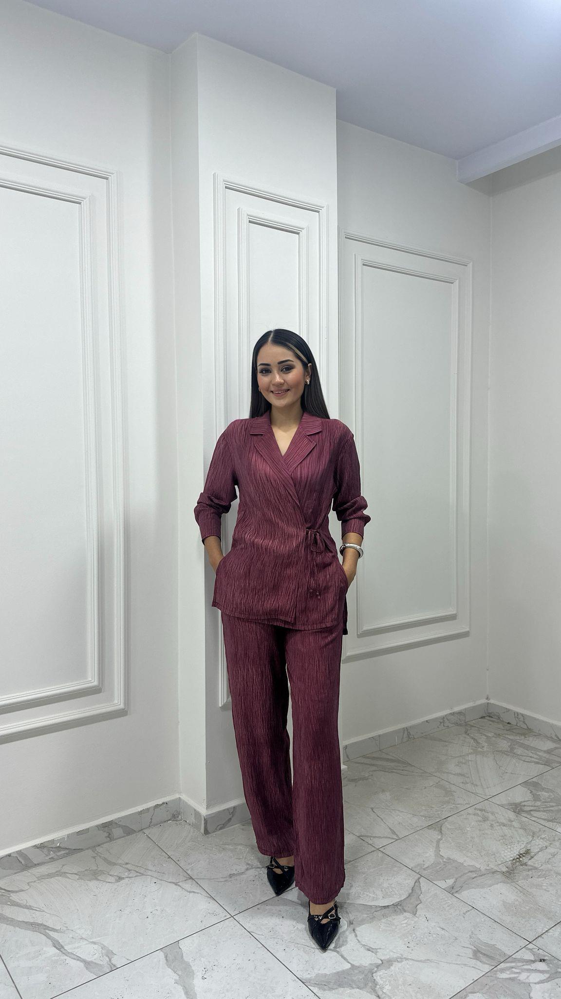 İkili Yandan Bağlamalı Gömlekli Takım Bordo 