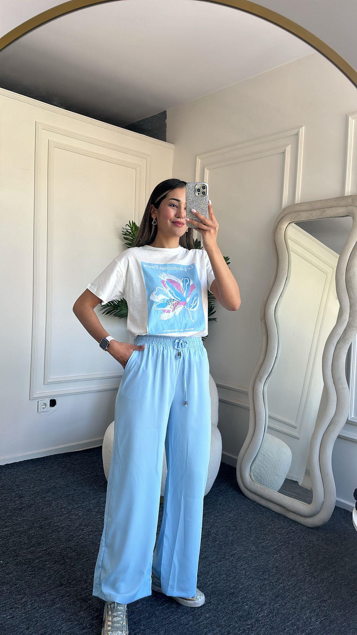 Mavi Beli Lastikli Tensel Pantolon