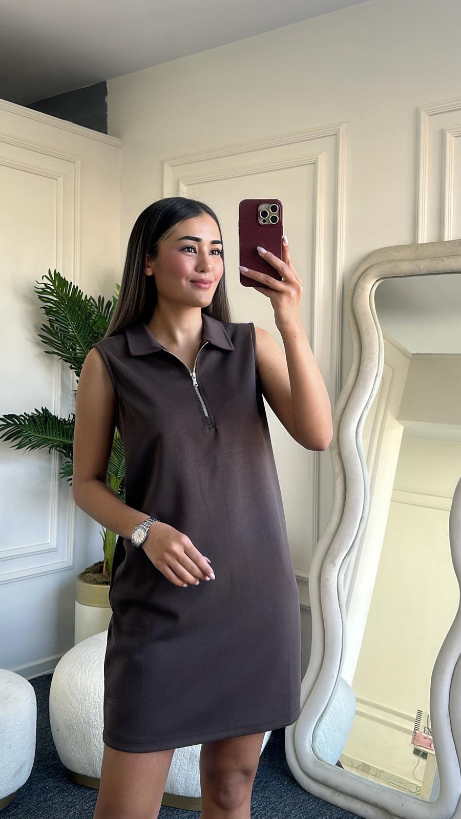 Modal Fermuarlı Elbise Kahverengi