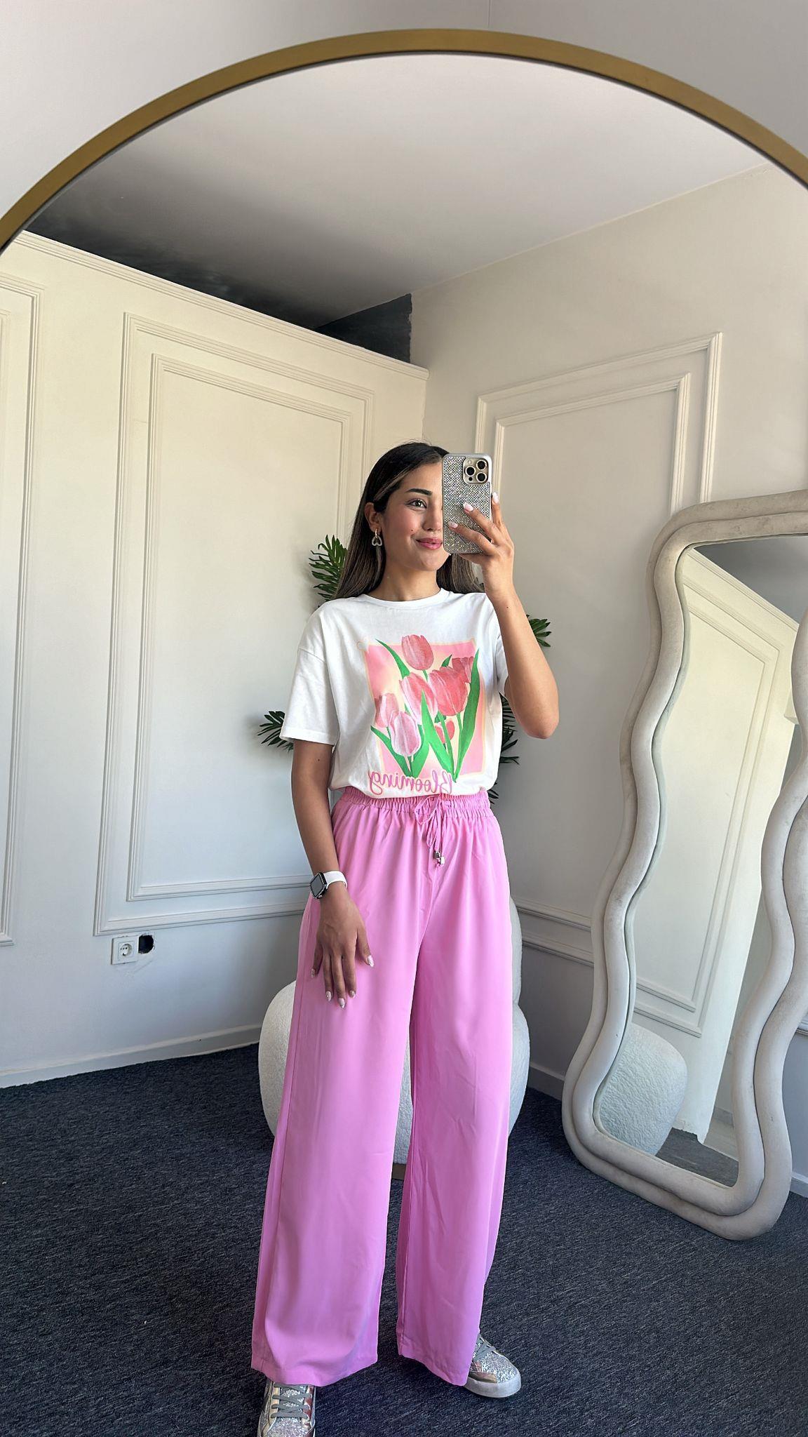 Pembe Beli Lastikli Tensel Pantolon