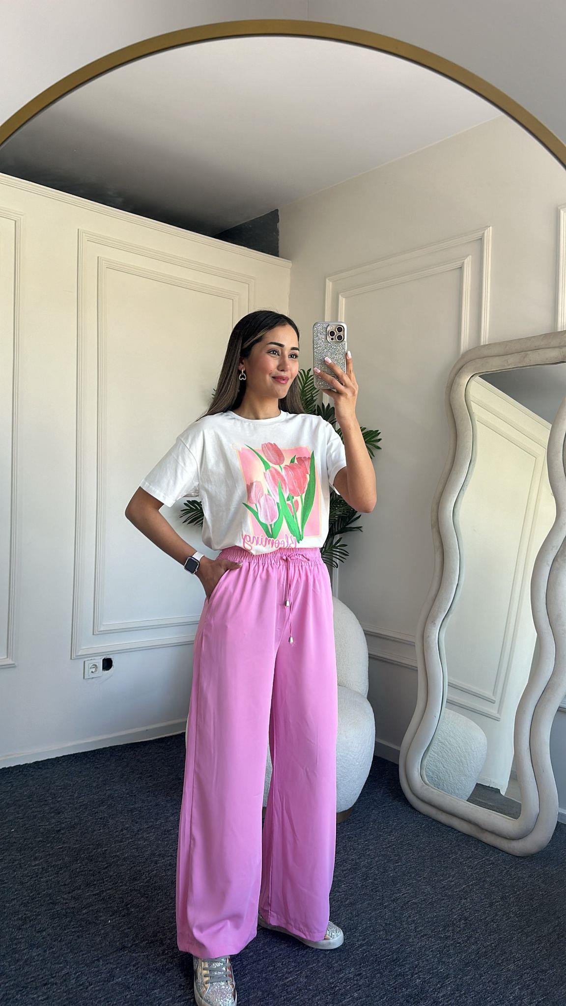 Pembe Beli Lastikli Tensel Pantolon