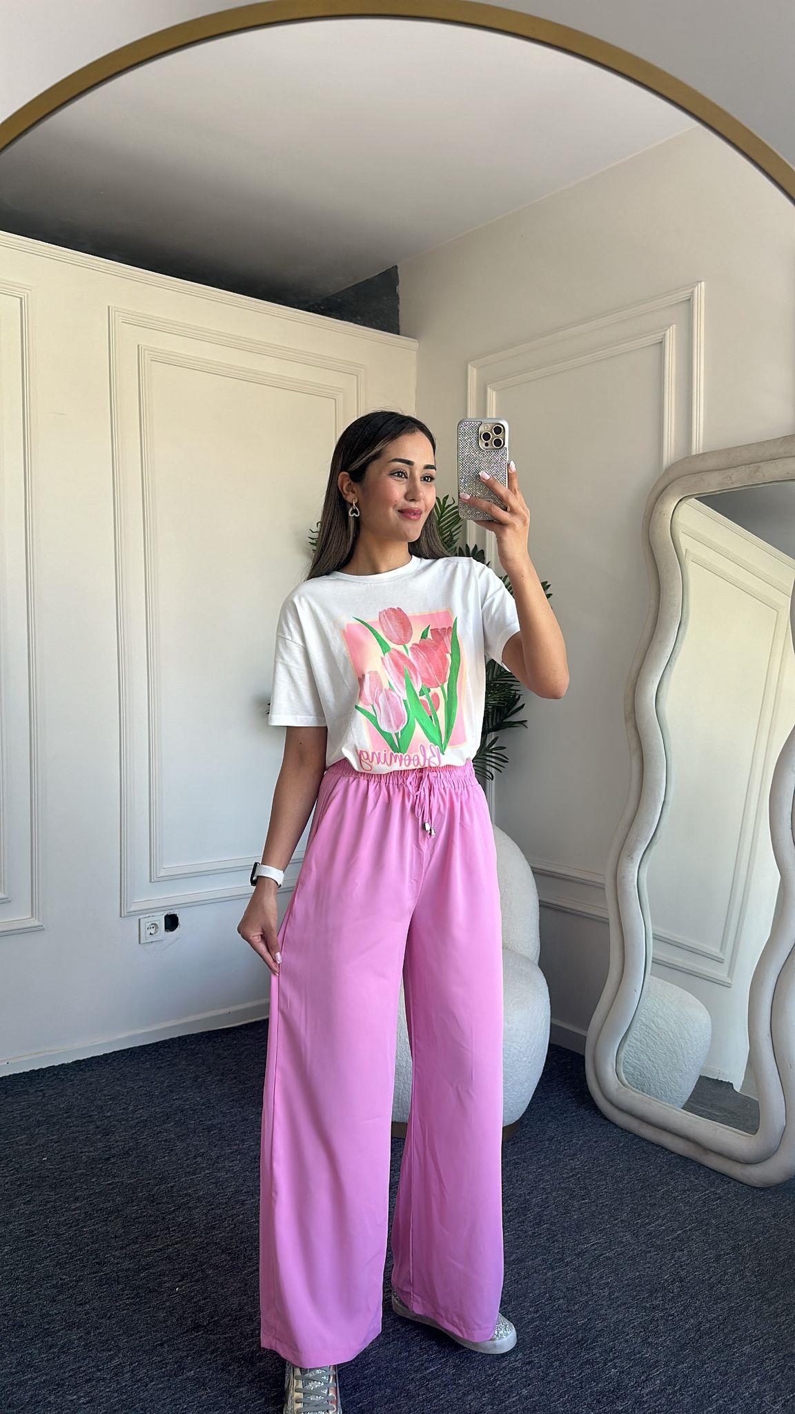 Pembe Beli Lastikli Tensel Pantolon