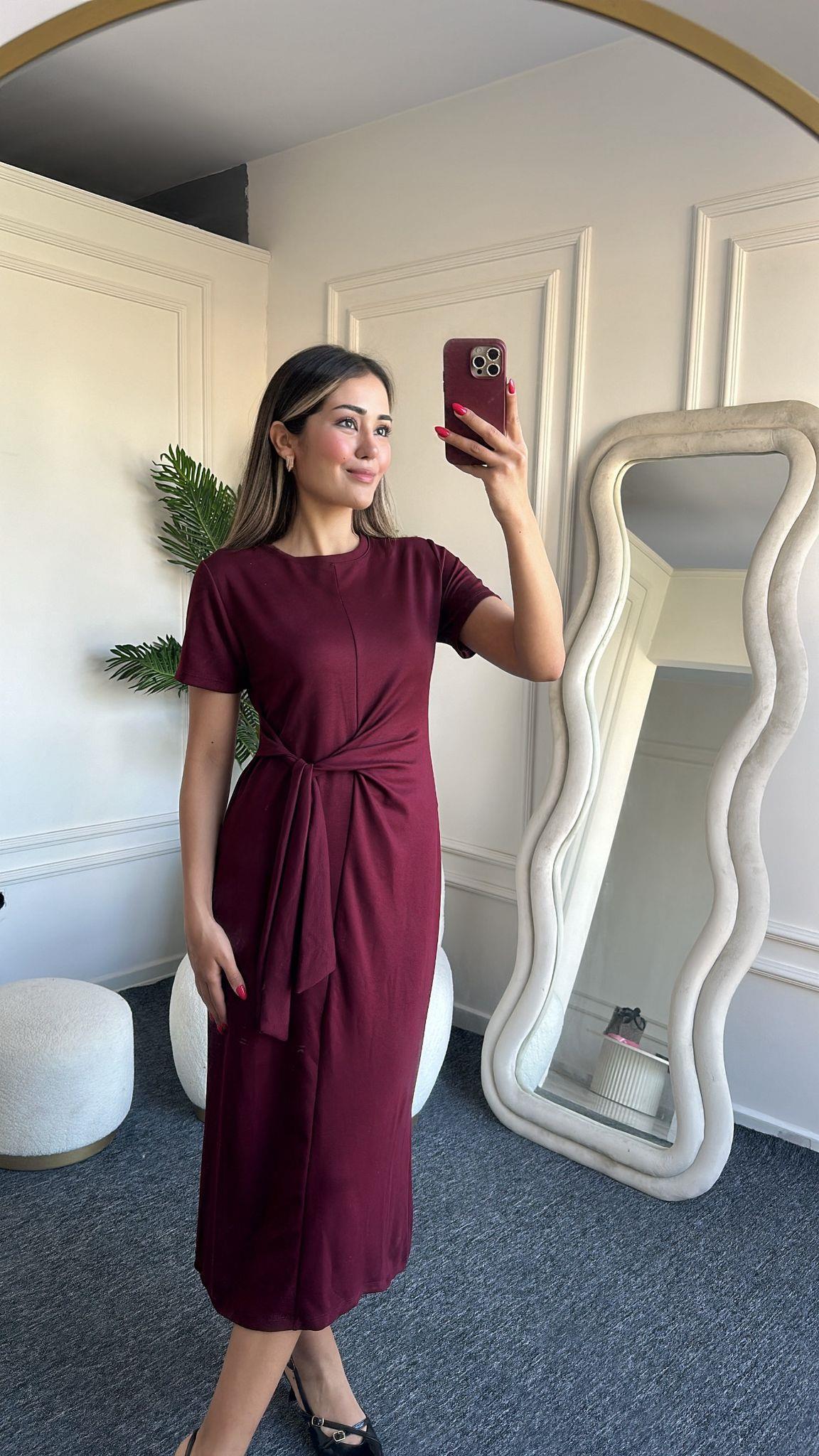 Yandan Bağlama Detalı Bordo Modal Elbise