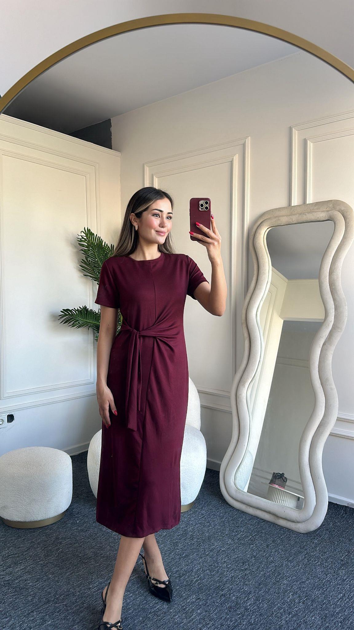 Yandan Bağlama Detalı Bordo Modal Elbise