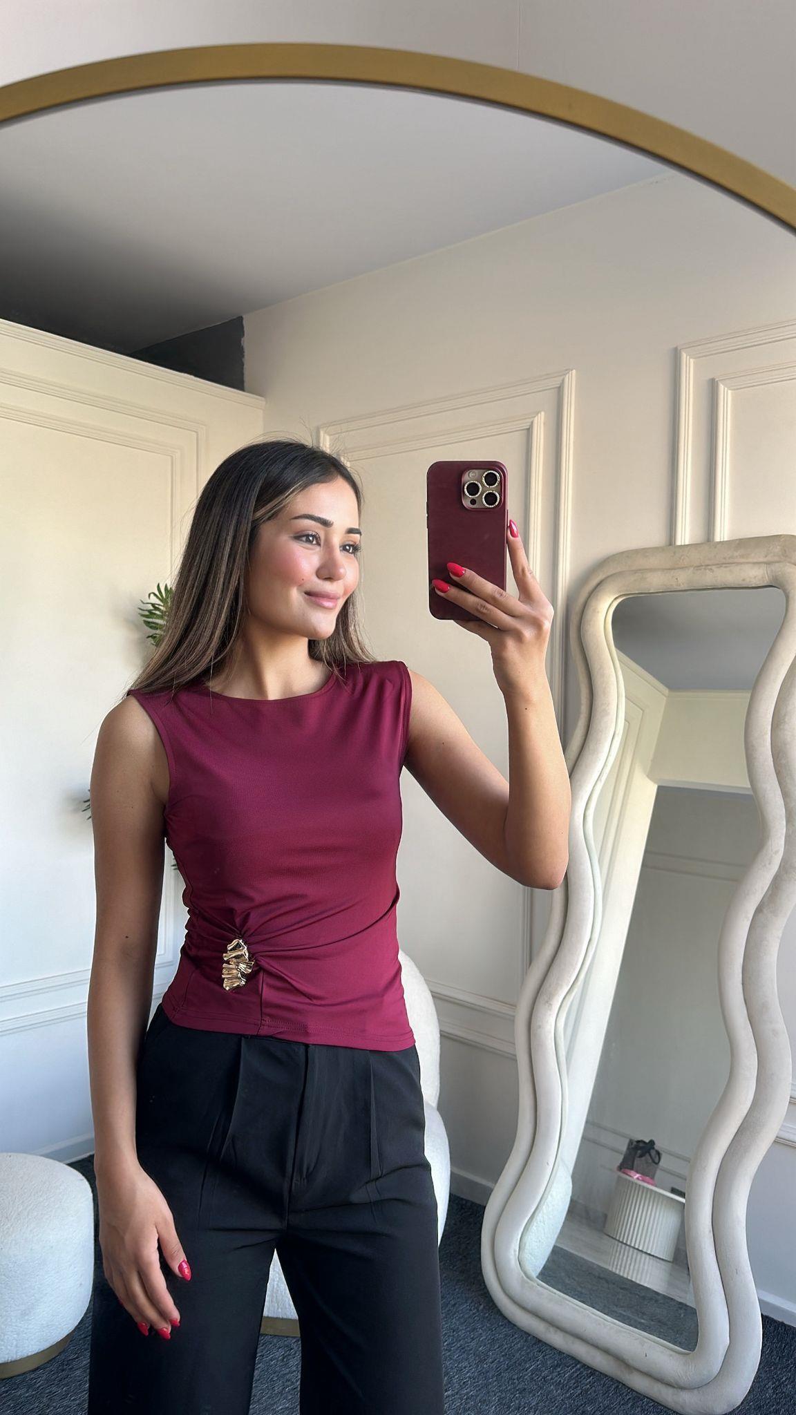 Yandan Büzgülü Taşlı Bordo Bluz