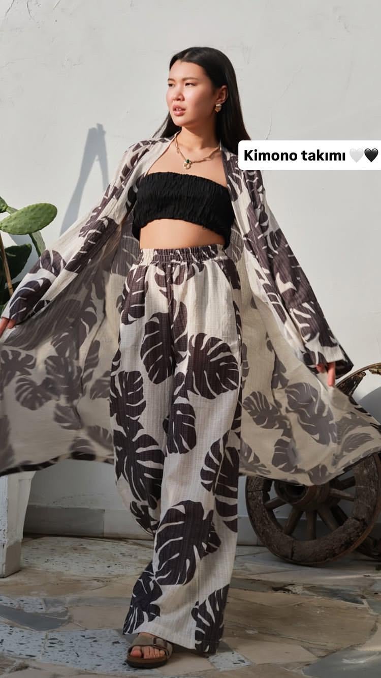 Desenli Keten Kimono Takımı