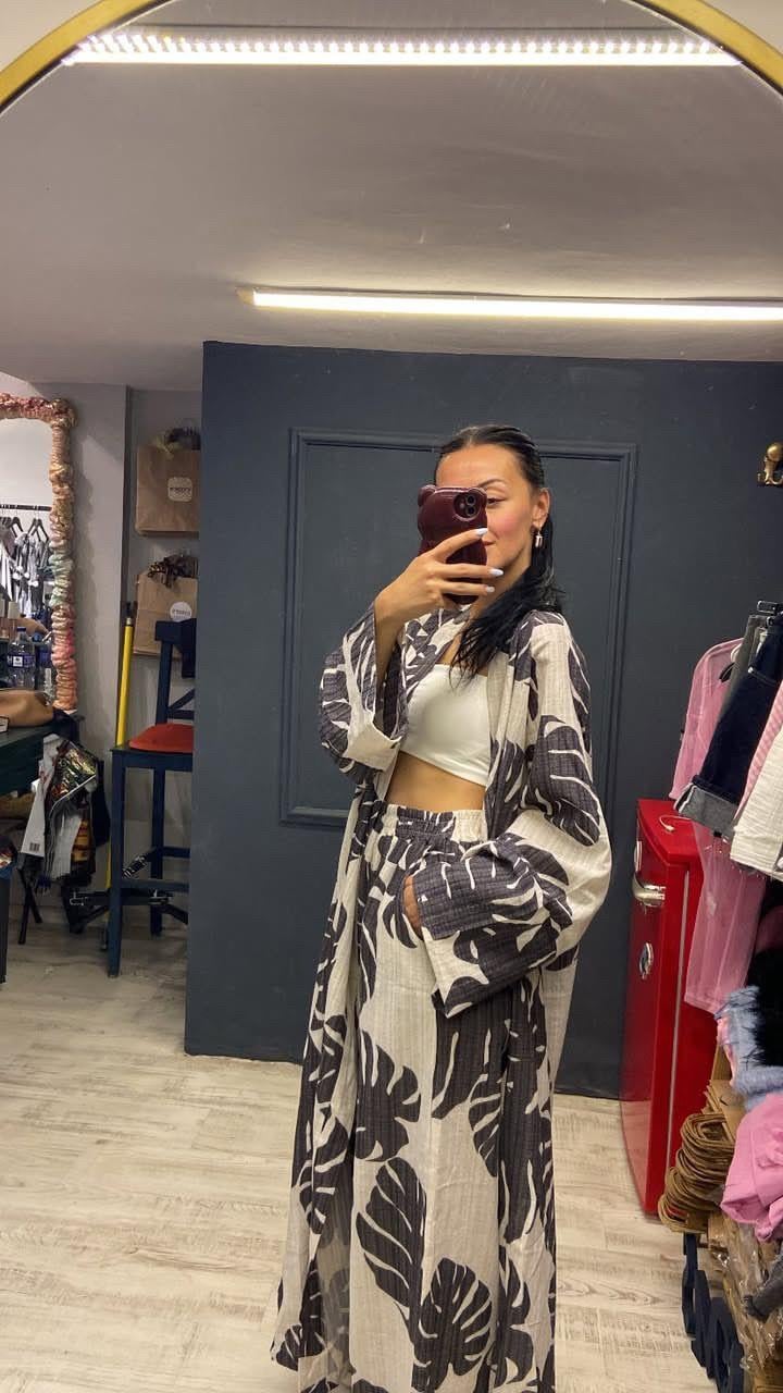 Desenli Keten Kimono Takımı