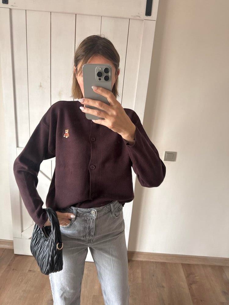 Acı Kahve Nakış Detaylı Kadın Hırka 