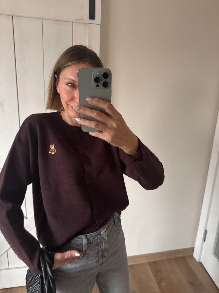 Acı Kahve Nakış Detaylı Kadın Hırka 