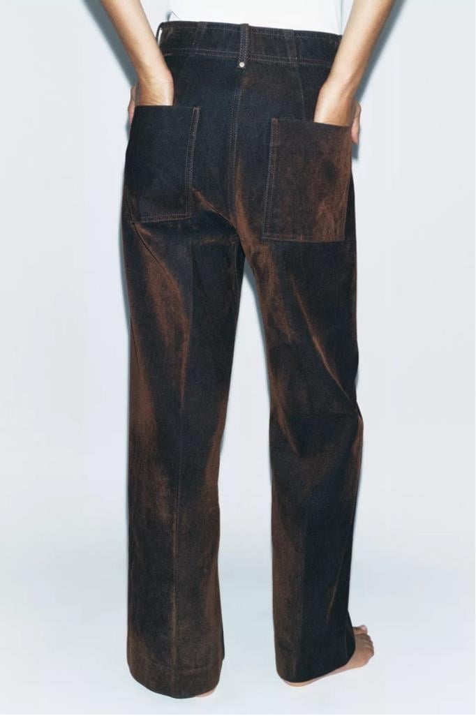 Acı Kahve Önden Çizgi Detaylı Bol Paça Kadife Pantolon