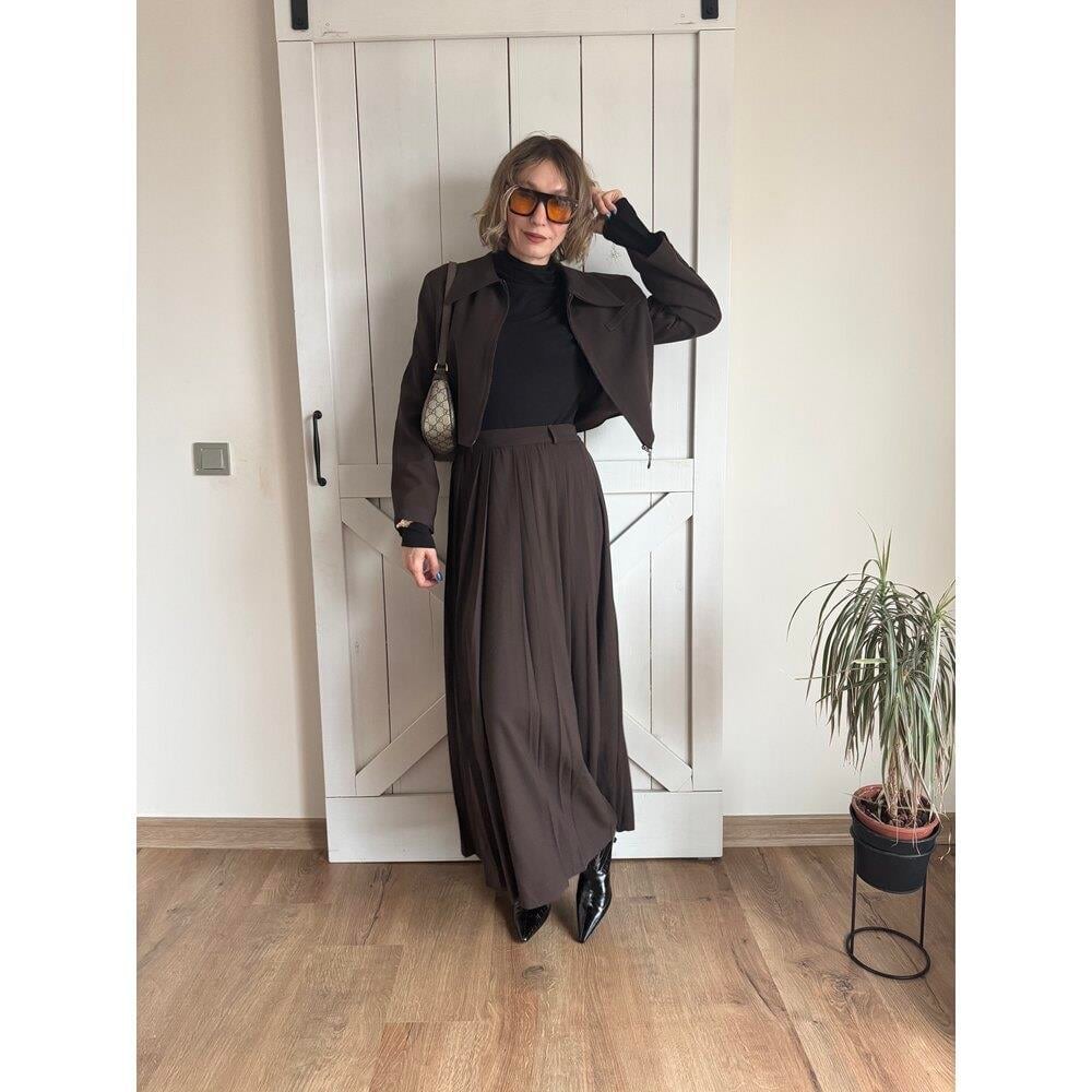 Acı Kahve Uzun Etekli Ceket Kadın İkili Takım 