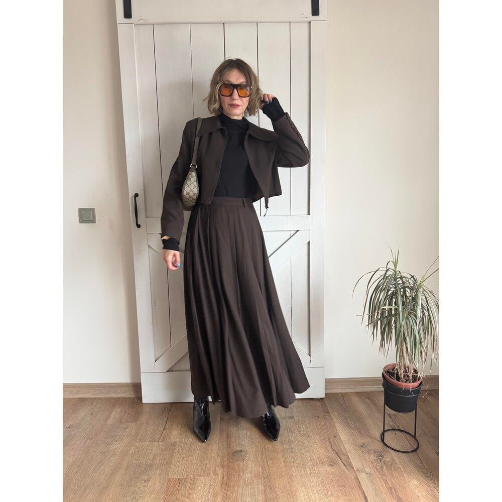 Acı Kahve Uzun Etekli Ceket Kadın İkili Takım 