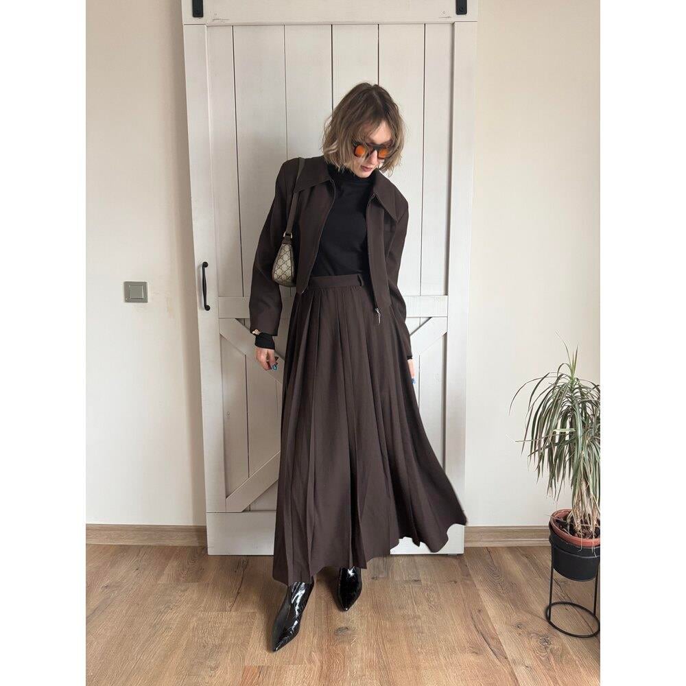 Acı Kahve Uzun Etekli Ceket Kadın İkili Takım 