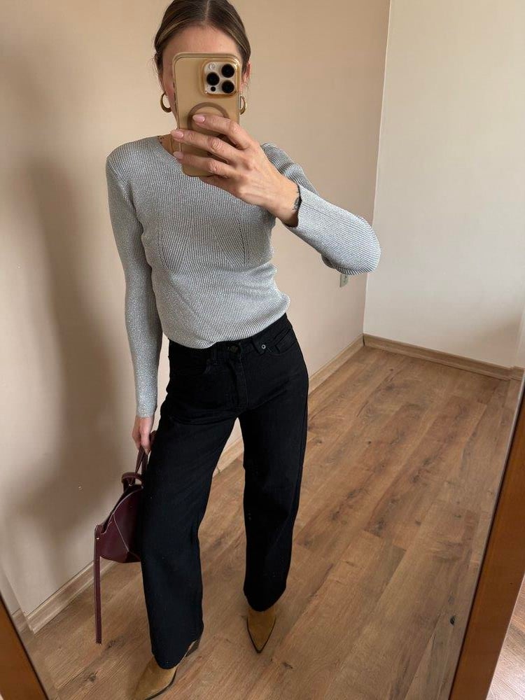 Açık Gri Simli Triko Kumaş Body