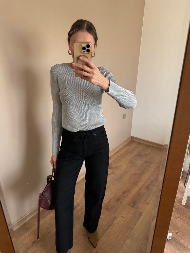 Açık Gri Simli Triko Kumaş Body